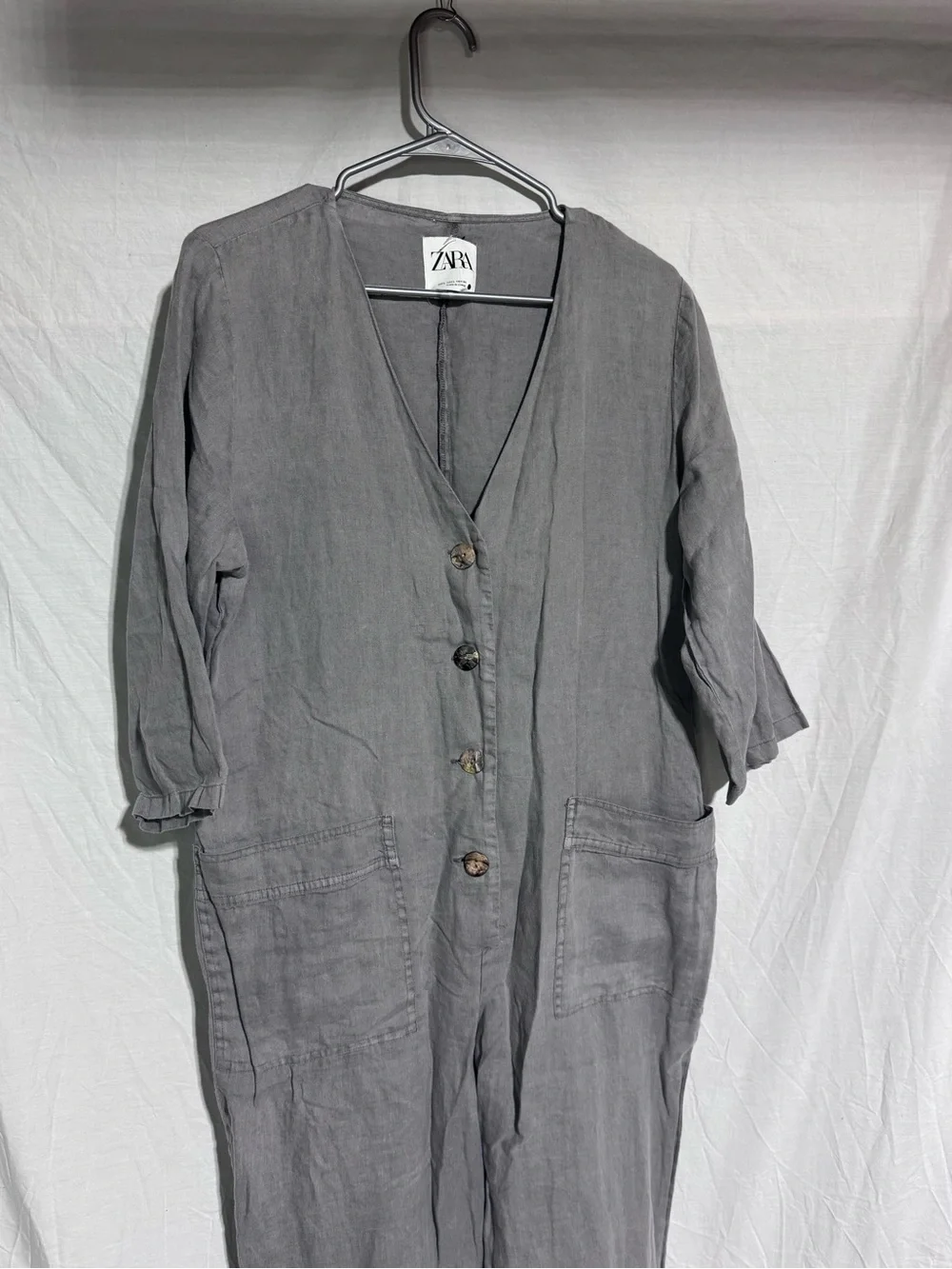 Zara Gray Button Front V-Neck Linen Jumpsuit